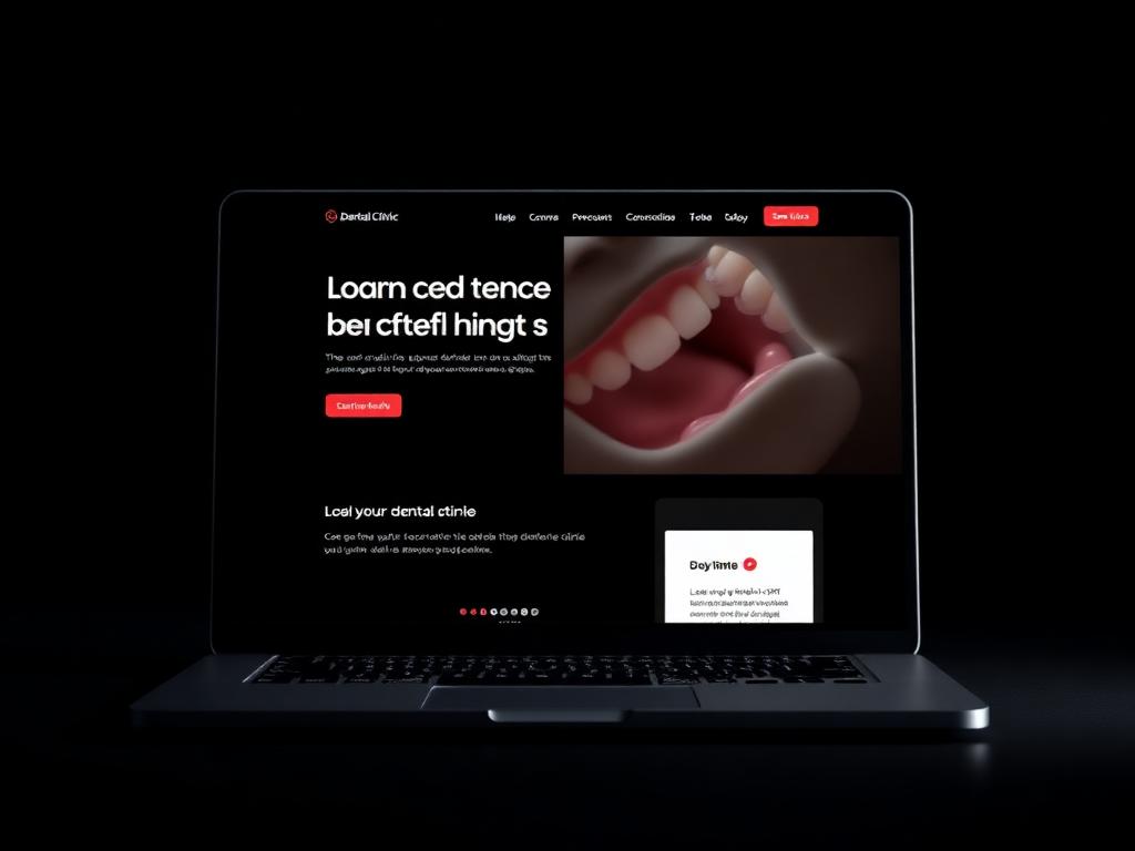 Conceito de site para clínica odontológica com visual escuro e detalhes em vermelho
